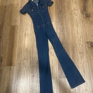 Dark Indigo Denim Jumpsuit - Button Front, Flared Legs